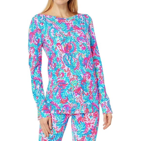New Lilly Pulitzer Aleah cotton jersey Top in Surf Blue Flam Size Medium - Picture 1 of 4